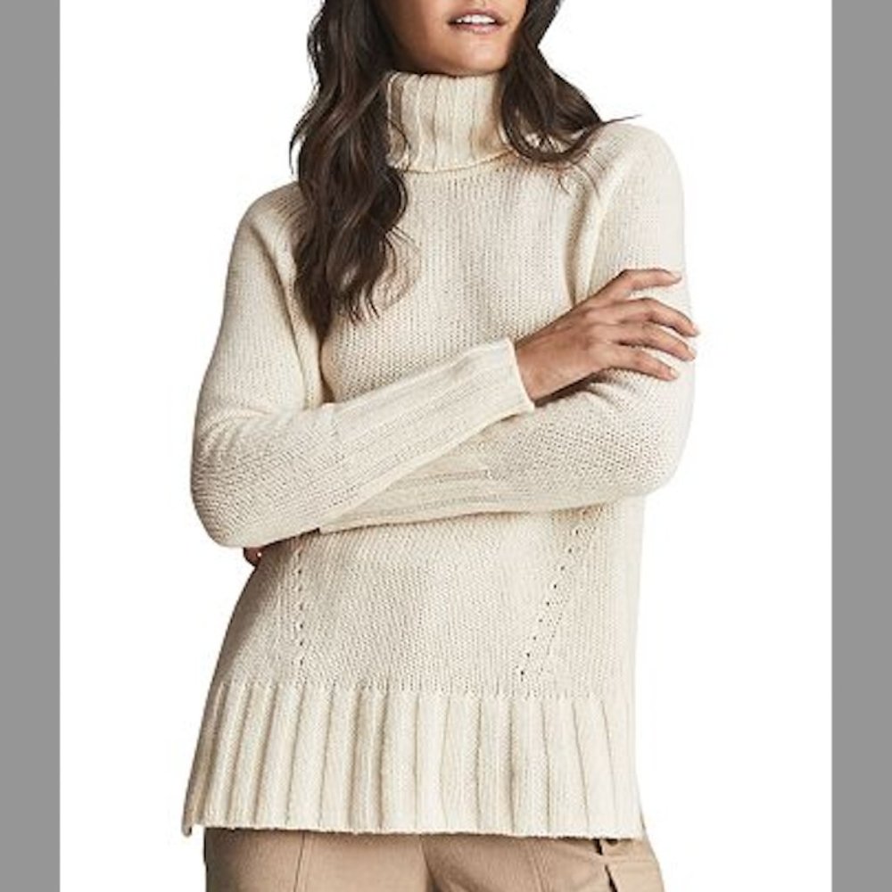 Reiss Stevie Turtleneck Sweater Mix Roll Wool Cashmere Blend Cream Tunic Medium - Picture 1 of 9